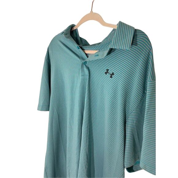 Men's Under Armour Teal Stripe 2XL Button Golf Tech Polo Country Club Preppy - Picture 2 of 5